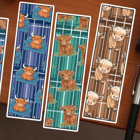 Cartoon Highland Cow Paper Bookmarks Set Scottish Plaid Patterns Vintage Aesthetic Reading Accessories For Book Lovers
