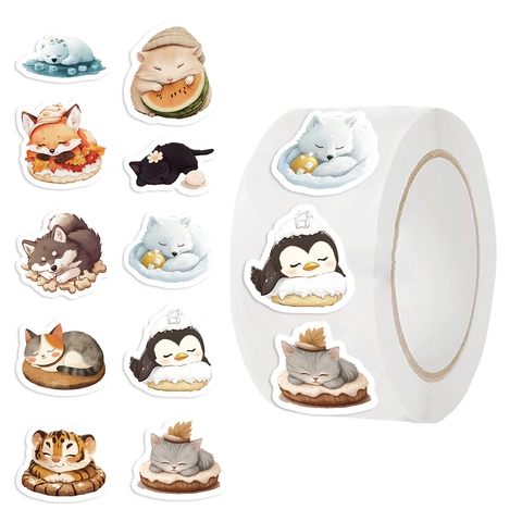 Süße Schlafende Tiere Cartoon Aufkleber Rolle Wasserdicht Washi Papier Selbstklebend Siegel Etiketten Für Scrapbooking Journaling DIY Deko