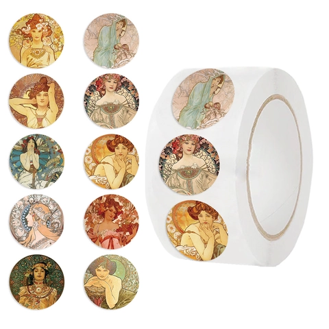 Autocollants Vintage Art Nouveau En Papier Washi Décalcomanies Rondes Pour Enveloppes Scrapbooking Journalisation DIY Style Mucha