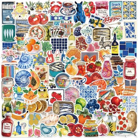 Adesivi in PVC Impermeabili con Estetica Mediterranea per Laptop Bagaglio Chitarra DIY Scrapbooking Decalcomanie Decorative con Illustrazioni ad Acquerello