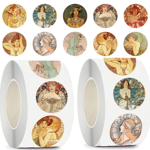 Autocollants Vintage Art Nouveau En Papier Washi Décalcomanies Rondes Pour Enveloppes Scrapbooking Journalisation DIY Style Mucha