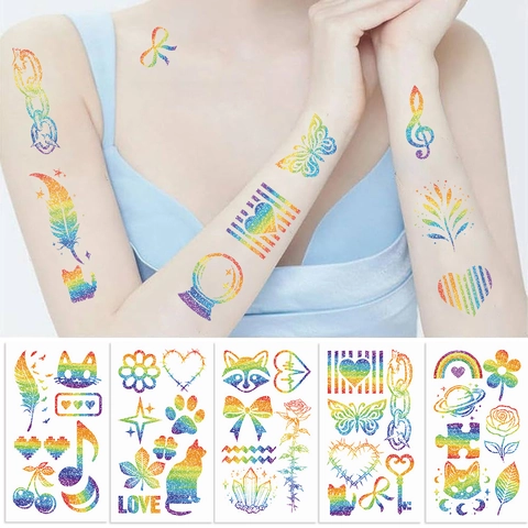 Colorful Rainbow Glitter Temporary Tattoos Waterproof Cartoon Butterfly Heart Fake Tattoo Stickers For Kids Party Favors Body Art Decor