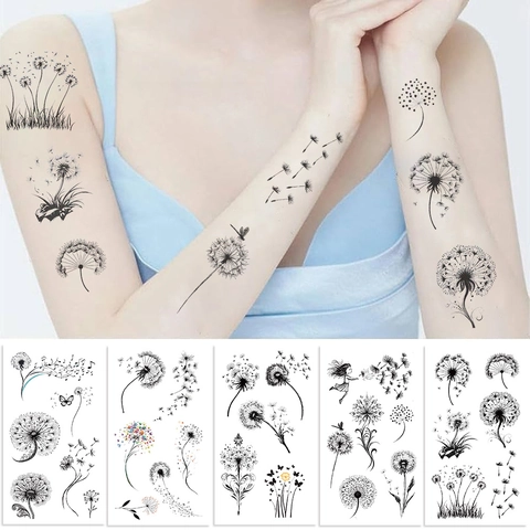 Waterproof Temporary Tattoo Stickers Dandelion Series Black Artistic Butterfly Bird Body Art Decals For Party Gathering