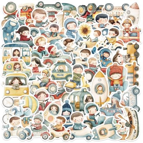 Cartoon Transport Vehicle Waterproof PVC Stickers Hand Drawn Watercolor Car Plane Rocket DIY Decals For Laptop Luggage Guitar Children Gift
