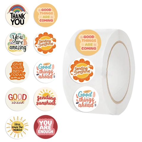 Motivational Round Stickers Washi Paper Decorative Adhesive Labels Sun Rainbow Positive Quotes Scrapbooking Stationery Gift Decoration