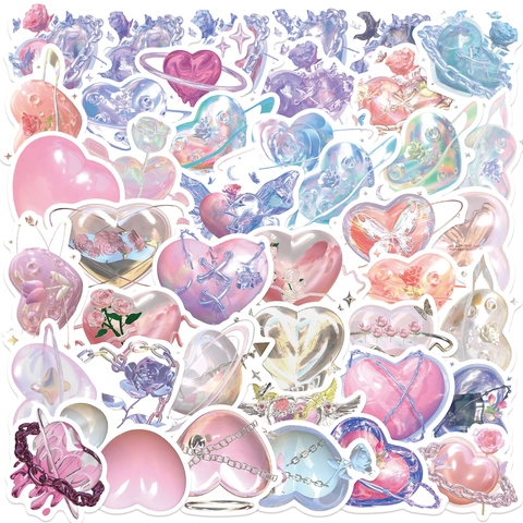 Y2K Crystal Heart Waterproof Stickers PVC Dreamy Aesthetic Decals For Laptop Guitar Luggage Phone Case DIY Decoration Cute Laser Heart Pattern