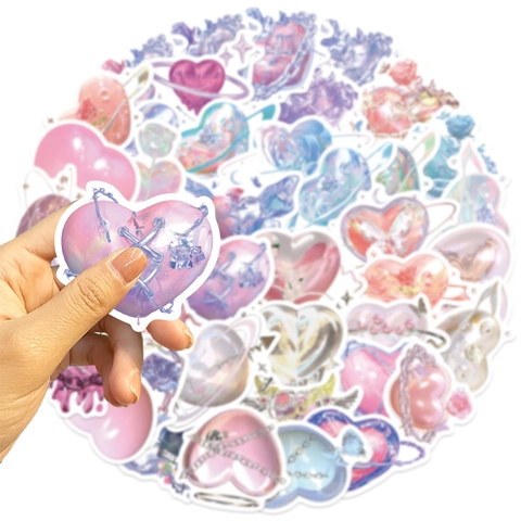 Y2K Crystal Heart Waterproof Stickers PVC Dreamy Aesthetic Decals For Laptop Guitar Luggage Phone Case DIY Decoration Cute Laser Heart Pattern