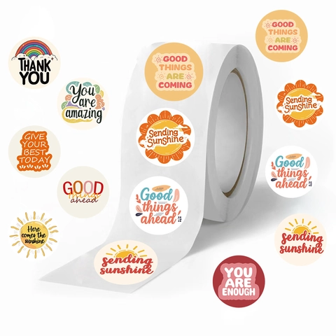 Motivational Round Stickers Washi Paper Decorative Adhesive Labels Sun Rainbow Positive Quotes Scrapbooking Stationery Gift Decoration