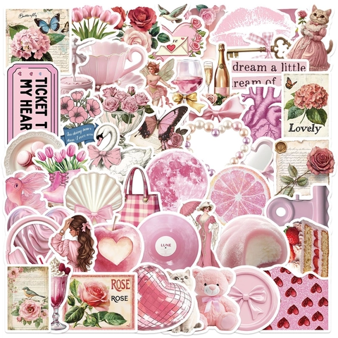 Pink Aesthetic Stickers Vintage Coquette Waterproof PVC DIY Decals For Laptop Phone Journal Guitar Luggage Floral Animal