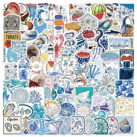 Blue Coastal Aesthetic Waterproof Stickers Marine Life Shells Starfish DIY Decorative Decals For Laptop Luggage Guitar