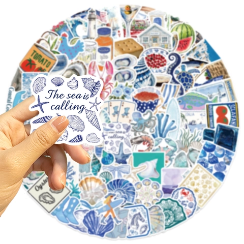 Blue Coastal Aesthetic Waterproof Stickers Marine Life Shells Starfish DIY Decorative Decals For Laptop Luggage Guitar