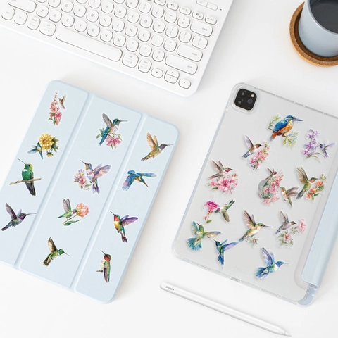 Vintage Transparent PET Floral Butterfly Hummingbird Stickers Waterproof Gold Stamping Botanical Deco Scrapbooking Decals