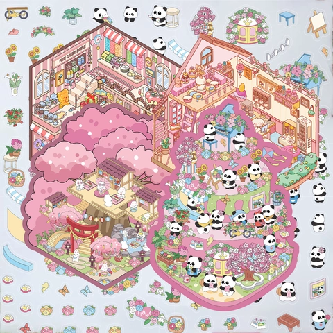 Cartoon Panda DIY Scene Stickers 3D Mini World PET Waterproof Pink Candy House Garden Sakura Decorative Journaling Stickers