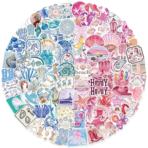 100Pcs Blue Pink Coastal Cowgirl Aesthetic Stickers Waterproof Vinyl Graffiti Decals For Laptop Guitar Luggage DIY Decoration