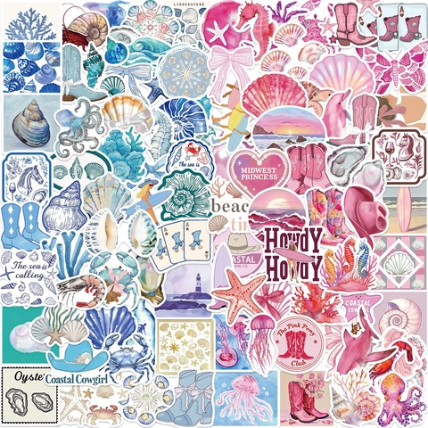 100Pcs Blue Pink Coastal Cowgirl Aesthetic Stickers Waterproof Vinyl Graffiti Decals For Laptop Guitar Luggage DIY Decoration