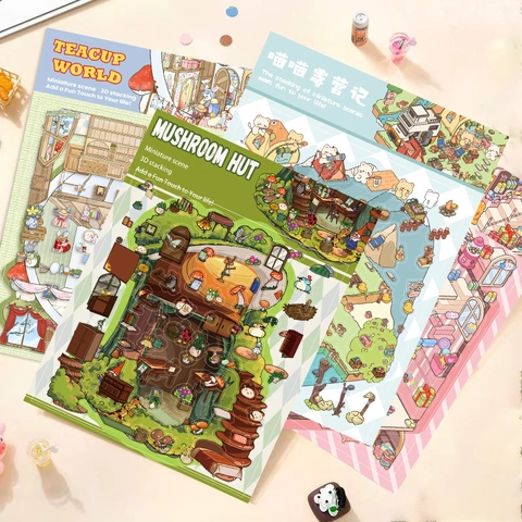 Dessin Animé 3D Empilage Cabane Champignon DIY Paysage Autocollants PET Imperméable Matériel Scrapbooking Miniature Monde Autocollants Décoration
