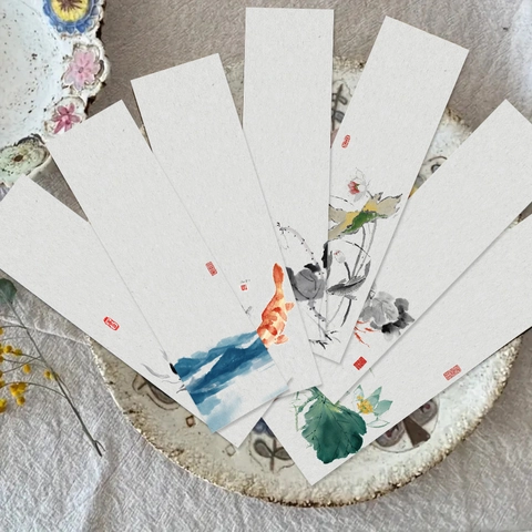 Chinese Ink Wash Style Paper Bookmarks Traditional Landscape Flower Bird Koi Fish Pattern Book Markers For Reading Gift