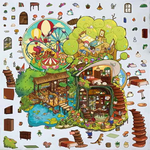 Dessin Animé 3D Empilage Cabane Champignon DIY Paysage Autocollants PET Imperméable Matériel Scrapbooking Miniature Monde Autocollants Décoration