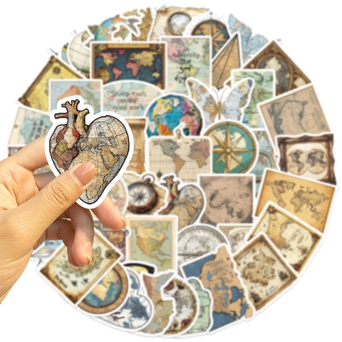 Vintage World Map Stickers Journaling Scrapbooking Retro Aesthetic Waterproof Vinyl Decal Laptop Luggage DIY Decoration
