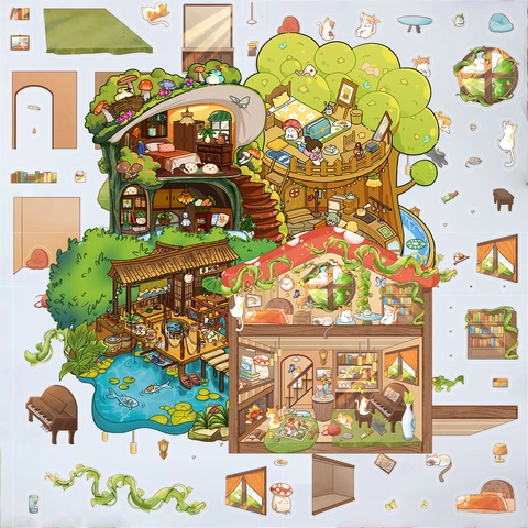 Pegatinas DIY de Escena Miniatura en Capas PET Impermeable Gato Casa Seta Decoración de Diario Estética Dibujos Animados