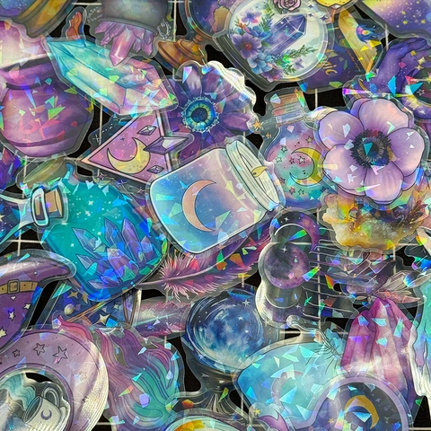 Pegatinas Holográficas Bruja Mágica Impermeable PET Transparente Láser Calcomanías Para Diario Scrapbooking DIY Decoración