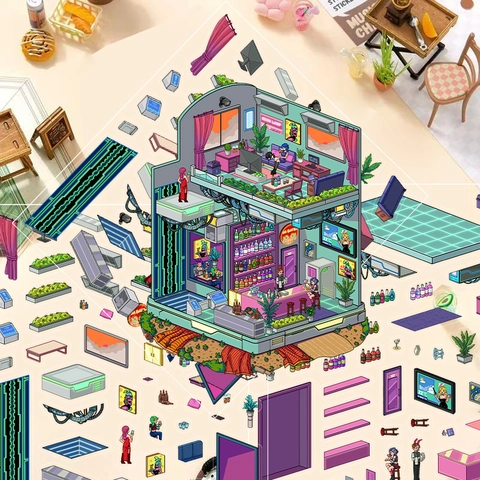 3D Miniatur Szene Aufkleber PET Wasserdicht Pixel Art Cyberpunk Hütte Horror Krankenhaus DIY Journal Deko Stapelbare Aufkleber