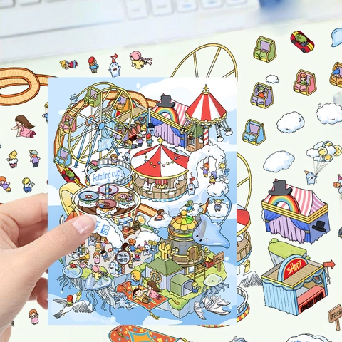 Cartoon 3D DIY Scenery Stickers Set Waterproof PET Aesthetic Amusement Park Space Theme Scrapbooking Journaling Decor