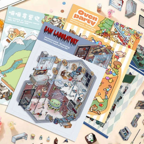 3D Stacking Miniature PET Stickers Scrapbooking Waterproof Cartoon Camping Laboratory Bakery Decorative Decals Journal