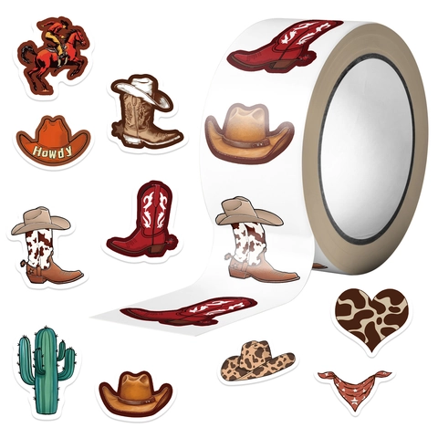 Autocollants Thème Cowboy de l'Ouest Ronds Étiquettes Décoratives Imperméables Pour Scellage Enveloppe Scrapbooking Chapeau Cowboy Bottes Cactus