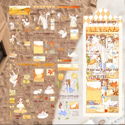 PET Transparent Autumn Story Stickers Waterproof Vintage Floral Decorative Decals For Journal Laptop Guitar Phone DIY