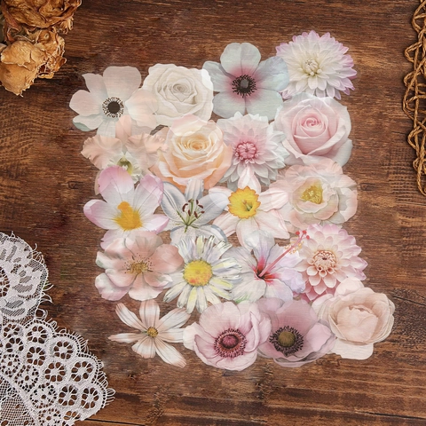 Roze Bloemen PET Transparante Scrapbook Stickers Decoratieve Waterdichte Sticker Voor Telefoon Bagage Dagelijks Handwerk Benodigdheden