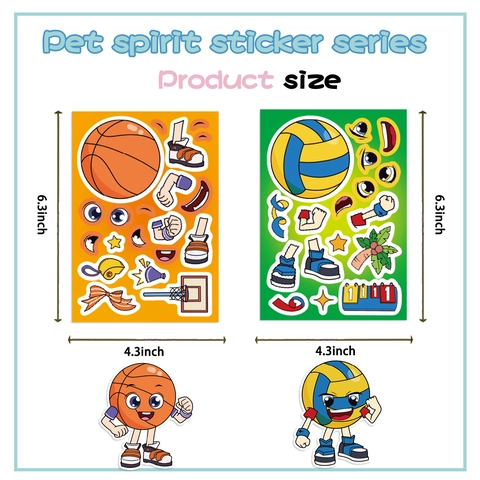 Kinderen Sport Thema DIY Maak een Gezicht Sticker Set PVC Waterdicht Voetbal Basketbal Cartoon Gemengde Balspel Scrapbooking Journal Sticker Decals Verjaardagsfeestje Gunsten