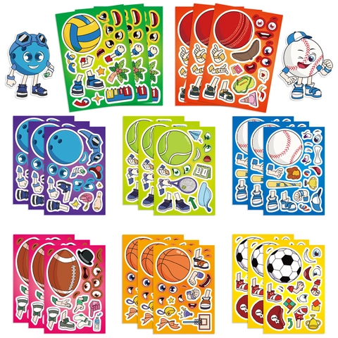 Kinderen Sport Thema DIY Maak een Gezicht Sticker Set PVC Waterdicht Voetbal Basketbal Cartoon Gemengde Balspel Scrapbooking Journal Sticker Decals Verjaardagsfeestje Gunsten