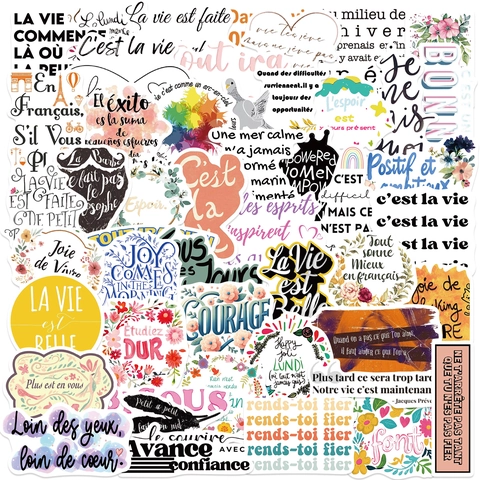 French Inspirational Quotes Stickers Waterproof PVC Decals For Suitcase Guitar Laptop DIY Scrapbooking Decorative Sticker Pack