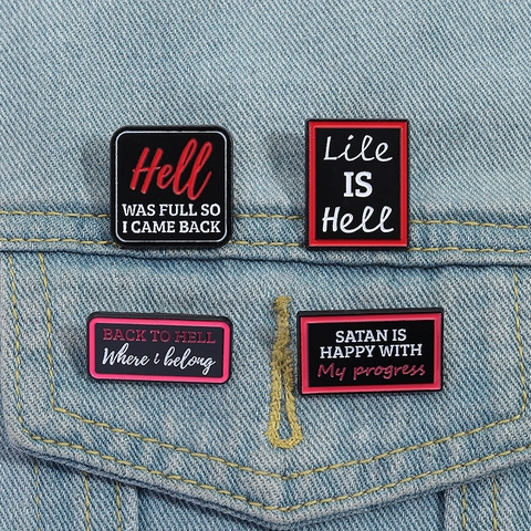 Broche de Aleación Esmaltada Con Cita en Inglés Inspiradora Dibujos Animados Satán Infierno Negro Rojo Letra Insignia Joyería Punk Pin