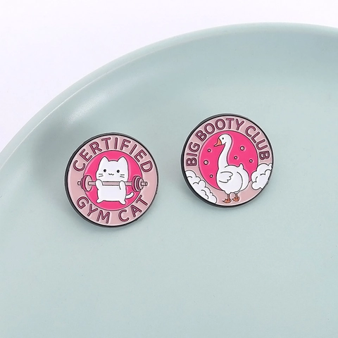 Lustiges Emaille Brosche Pin Set Kreatives Cartoon Fitness Katze Und Gans Rundes Metall Abzeichen Schmuck Zubehör Für Kleidung Taschen