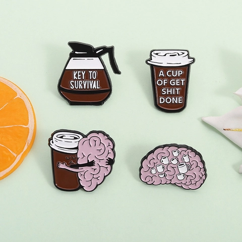 Kreative Kaffee Gehirn Emaille Pin Zinklegierung Cartoon Brosche Mit Lustigem Slogan Überlebensabzeichen Für Kleidung Tasche