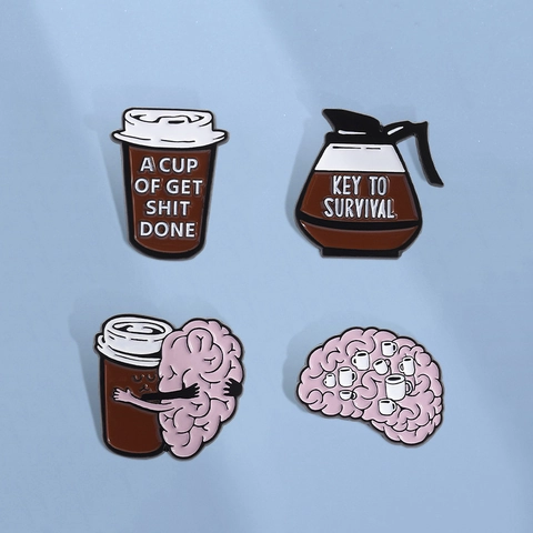 Ensemble de Pins en Émail Créatif Thème Café Cerveau Tasse à Café Broche en Alliage de Zinc Épinglette pour Sac à Dos Vêtements Bijoux Cadeau