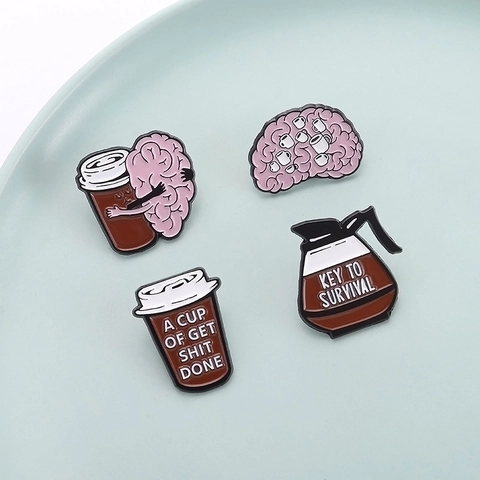 Kreative Kaffee Gehirn Emaille Pin Zinklegierung Cartoon Brosche Mit Lustigem Slogan Überlebensabzeichen Für Kleidung Tasche