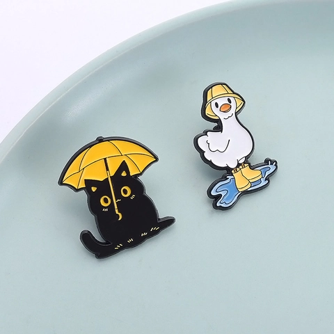 Cute Cartoon Animal Enamel Pin Zinc Alloy Cat Umbrella Duck Rain Boots Brooch Fashion Clothing Backpack Decoration Women Men Kids