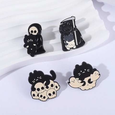 Halloween Kreativ Schwarz Katze Sensenmann Totenkopf Emaille Pin Brosche Legierung Metall Abzeichen Cartoon Gothic Schmuck Zubehör