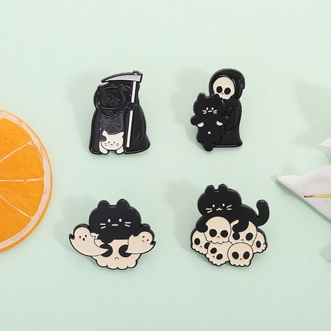 Halloween Kreativ Schwarz Katze Sensenmann Totenkopf Emaille Pin Brosche Legierung Metall Abzeichen Cartoon Gothic Schmuck Zubehör