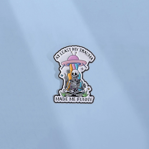 Humorous UFO Skull Enamel Pin Zinc Alloy Rainbow Beam Brooch Trauma Lettering Badge For Backpack Jacket Decoration Unisex Gift