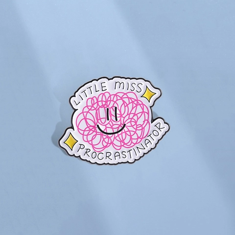 Funny Miss Procrastinator Enamel Badge Brooch Zinc Alloy Cartoon Pink Smiley Face Letter Lapel Pin For Clothes Backpack Hat Decor