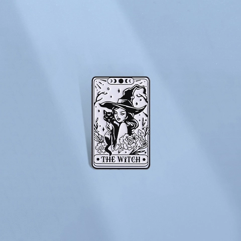 Vintage Tarot Card Enamel Pin The Witch Black Cat Rose Moon Phase Zinc Alloy Brooch Halloween Gothic Badge For Clothing