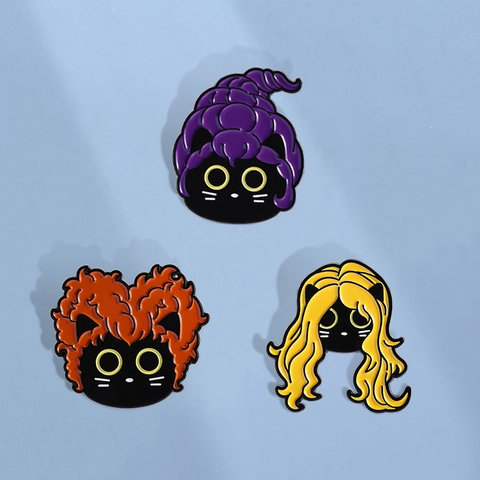Cartoon Zwarte Kat Emaille Broche Legering Dier Pin Hocus Pocus Geïnspireerd Sanderson Sisters Haarstijl Halloween Accessoire Voor Rugzak Jas