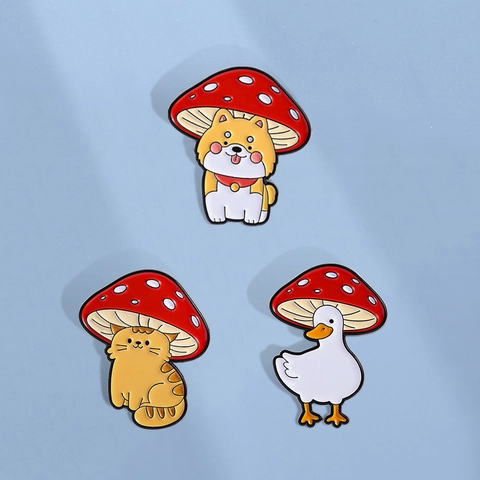 Süße Pilzhut Tier Emaille Brosche Pin Set Zinklegierung Shiba Inu Katze Ente Cartoon Abzeichen Für Rucksack Kleidung Dekor