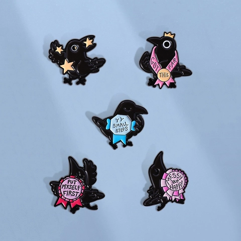 Cartoon Crow Enamel Pin Set Inspirational English Text Zinc Alloy Brooch Badge For Clothing Bags Jewelry Decor Gift