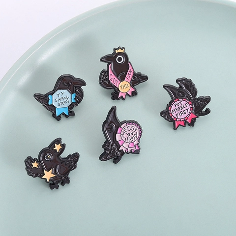 Cartoon Crow Enamel Pin Set Inspirational English Text Zinc Alloy Brooch Badge For Clothing Bags Jewelry Decor Gift
