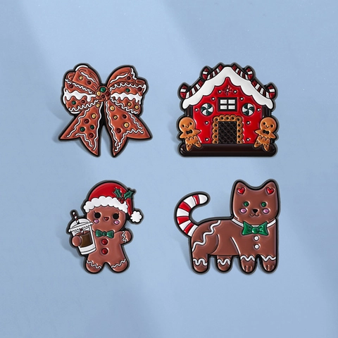 Christmas Gingerbread Enamel Brooch Pins Zinc Alloy Gingerbread Man House Cat Bow Festive Badge Accessories For Women Men Gift